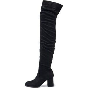 Women Black Suede Leather Pull On Side Zipper Chunky Block Heel Thigh High Boots